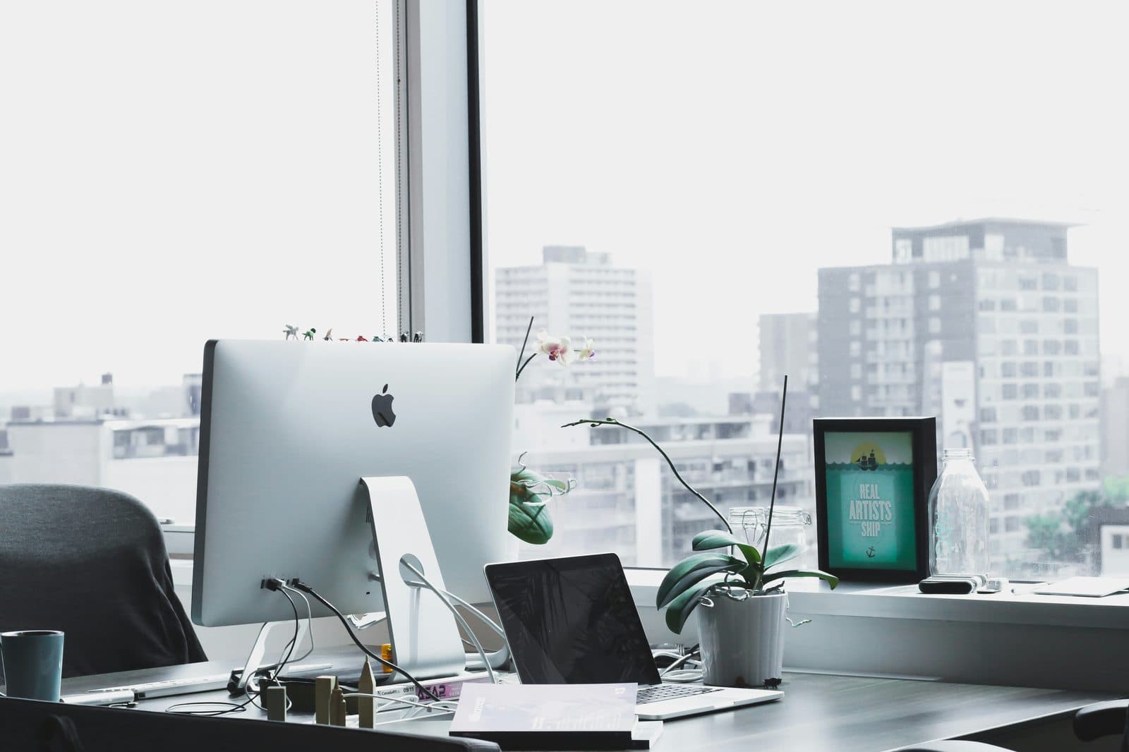 A law office workspace with a city view