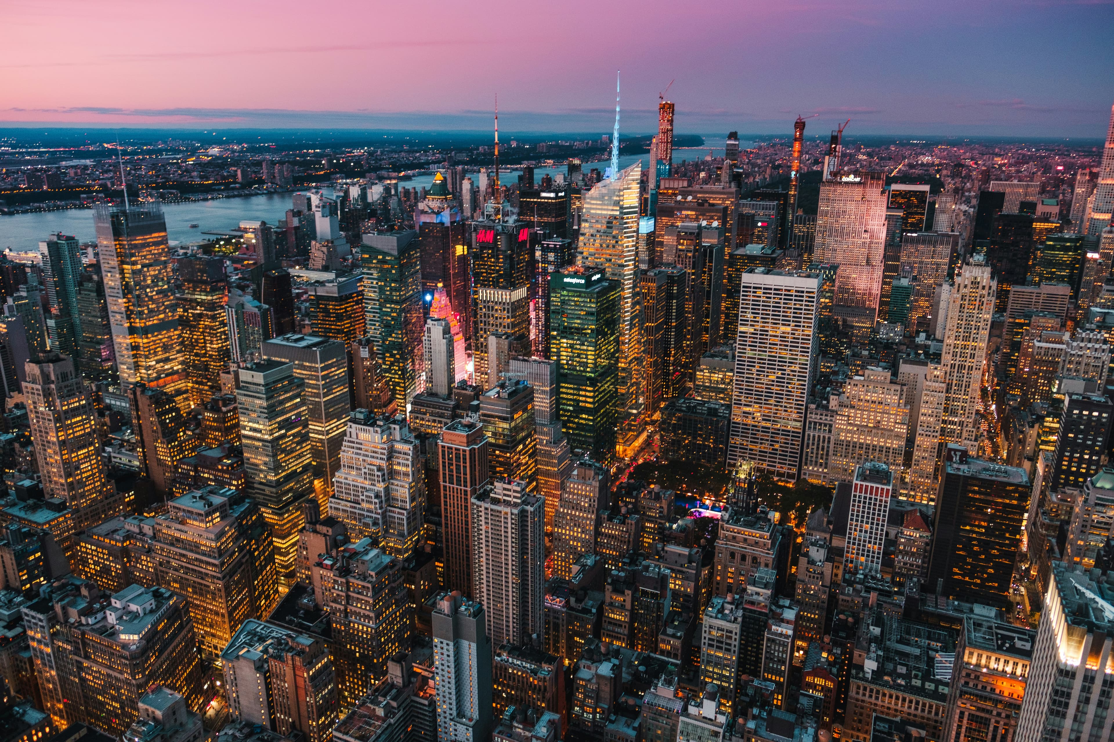 The New York City skyline at dusk